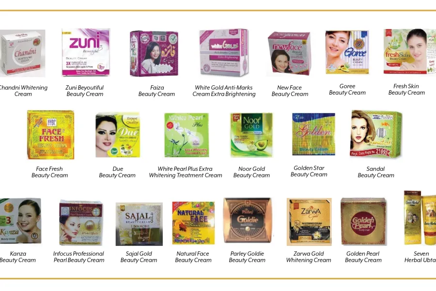 A collection of skin lightening products on a white background.